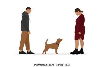 Female character and male character look at a dog on a white background