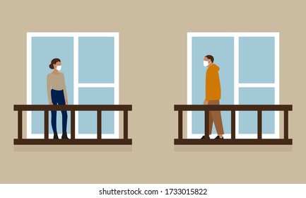Female character and male character in medical masks stand on different balconies and look at each other
