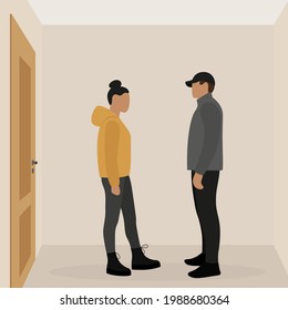 Female character and male character in a room with a closed door