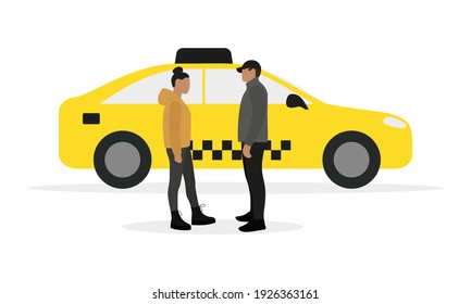 Female character and male character stand near a taxi on a white background