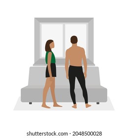 Female character and male character stand together near sofa and window barefoot on white background