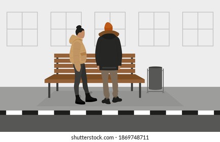 
A female character and a male character are standing near a bench and a dumpster on the sidewalk