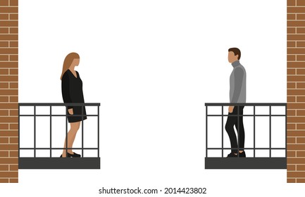 A female character and a male character are standing opposite each other on the balconies