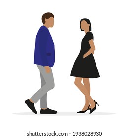 Female character and male character are standing together and looking at each other on a white background