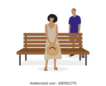 Female character and male character in summer clothes stand near a wooden bench on a white background