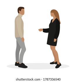 Female character and male character talking on white background