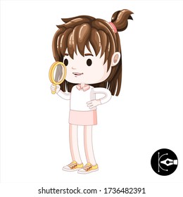 Female character mascot holding a magnifying glass.