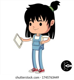 Female character mascot holding a tablet.