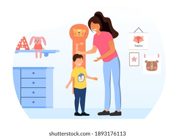 Female character is measuring child s height. Little kid standing near measurement wall. Concept of kindergarden. Flat cartoon vector illustration