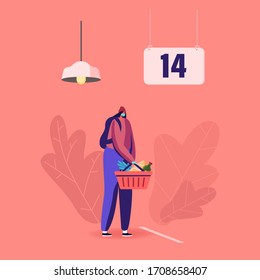 Female Character in Medical Mask and Disposable Gloves Stand in Grocery Queue with Shopping Cart Keep Distance. Customer Buying Products at Covid19 Pandemic Quarantine. Cartoon Vector Illustration