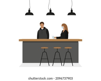 Female character in medical mask giving medical mask to male character at bar table isolated on white background