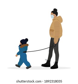 
Female Character In A Medical Mask Is Leading A Small Child On A Special Baby Leash On A White Background