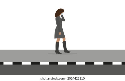 Female character in medical mask walking on the sidewalk and talking on the phone