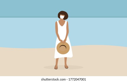 A female character in a medical mask, a white dress and with a hat in her hands is standing on the seashore