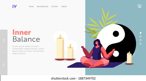 Female Character Meditate with Feng Shui Symbols Landing Page Template. Woman Meditating in Lotus Pose, Yoga, Healthy Lifestyle, Relaxation Emotional Balance, Harmony. Cartoon Vector Illustration