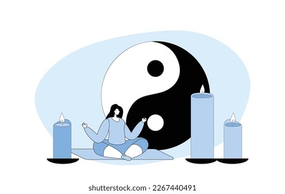 Female Character Meditate with Feng Shui Symbols Yin Yang and Candles around. Woman Meditating in Lotus Pose, Yoga, Healthy Lifestyle, Relaxation Emotional Balance, Harmony Cartoon Vector Illustration