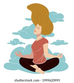 Female character meditating and practicing yoga asanas. Woman sitting on cloud, clarity of mind and concentration, wellness and wellbeing of girl. Sporty personage and sky. Vector in flat style