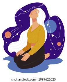 Carácter femenino meditando y relajándose, unidad con la naturaleza, cosmos y universo. Mujer sentada rodeada de planetas y estrellas, constelaciones y cuerpo celeste. Vector en ilustración de estilo plano