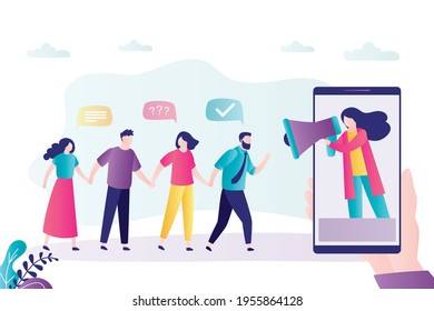 Female character with megaphone invites people. Concept of loyalty program and referral marketing. Refer a friends to get bonus. Clients hold hands and enter smartphone. Flat vector illustration