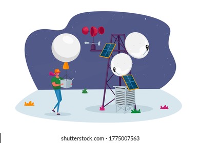 Female Character With Meteorology Probe Air Balloon On Meteo Station. Research, Probing, Monitoring Hurricane. Satellite Measurement Of Earth Weather Parameters Radiosonde. Cartoon Vector Illustration