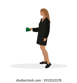 
Female character with money in hand on white background