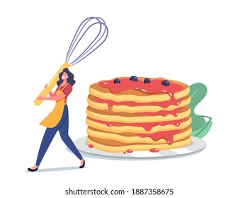 Female Character Morning Routine, Cooking Meal for Family, Tiny Woman in Apron with Whisk near Huge Pancakes Stack, Baked Food for Breakfast. Domestic Culinary, Bakery. Cartoon Vector Illustration