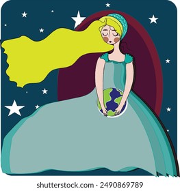 Female character mother nature, woman holding planet earth in hands, floating stars and celestial bodies in galaxy. Universe and cosmos. Protection and reservation of world.