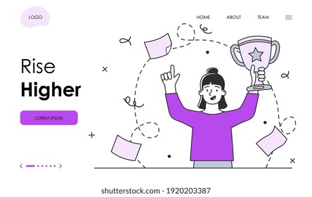 Female character is motivating to rise higher in business. Successful businesswoman is holding golden cup to celebrate win. Website, web page, landing page template. Flat outline vector illustration