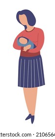 Female character with newborn baby in hands, maternity and happy parenting. Woman with sleeping kid, care and love towards kiddo. motherhood and precious moments with family. Vector in flat style