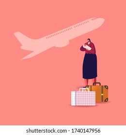 Female Character with Newborn Baby on Hands with Luggage Bags and Flying Airplane on Background. Illegal or Legal Immigrant, Refugee Woman with Child Leaving Country. Cartoon Vector Illustration