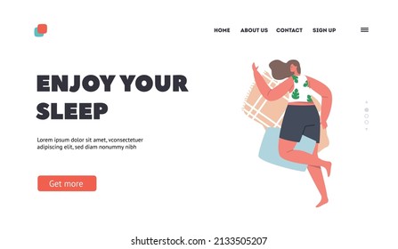 Female Character Night Pose Landing Page Template. Tired Woman Sleeping on Stomach, Girl Lying in Bed Top View. People Nighttime Relaxation, Wear Pajama Sleep or Nap. Cartoon Vector Illustration