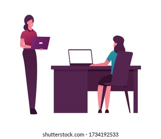 Weibliche Charaktere mit Notebook-Sitting-Desk arbeiten an Computern mit Quanten-Technologie. Quantenmechanische Berechnung. Business Women Office Mitarbeiter mit Laptops. Cartoon People Vector Illustration