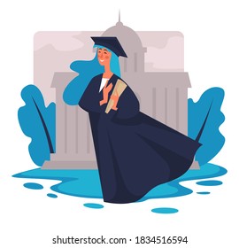 Female character obtained academical degree in university, graduation of student standing by university in ceremonial costume and hat. Bachelor or master teen with diploma, vector in flat style