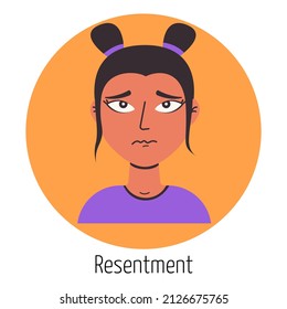 Female character with an offended face. Facial expression. Young woman feeling. Beautiful woman portrait. Woman avatar, emoji