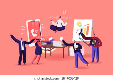 Female Character Office Worker Meditating at Workplace. Relaxed Businesswoman in Lotus Position Doing Yoga Soaring over Desk in Messy Office. Calm Employee Break. Cartoon People Vector Illustration