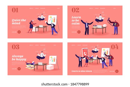 Female Character Office Worker Meditating at Workplace Landing Page Template Set. Relaxed Businesswoman in Lotus Pose Soaring over Desk in Messy Office, Break. Cartoon People Vector Illustration