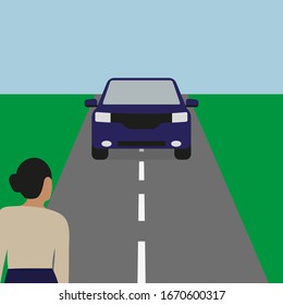 Female character on the road in front of a driving car