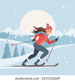 Female character on skis on mountain winter landscape background. Winter sport, outdoor sport activity. Flat illustration