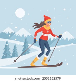 Female character on skis on mountain winter landscape background. Winter sport, outdoor sport activity. Flat illustration