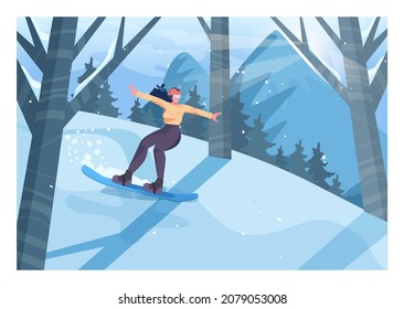 Female character on snowboard, freeriding. Snowboarder riding and jumping on natural, un-landscaped terrain. Extreme sport activities. Flat vector illustration