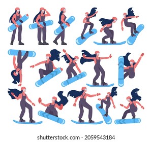 Female character on snowboard set. Snowboarder riding and jumping. Man snowboarding in different positions collection. Winter extreme sport activities. Flat vector illustration