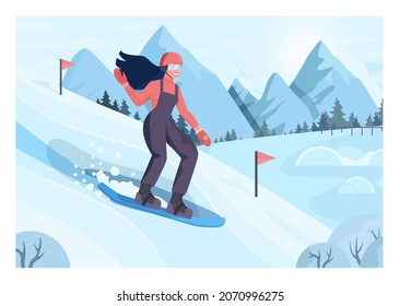 Female character on snowboard. Snowboarder riding down a hill. Ski resort track. Woman snowboarding, winter extreme sport activities. Flat vector illustration