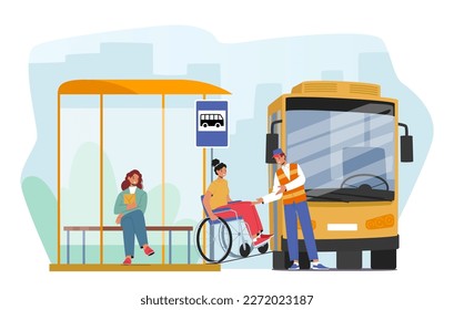 Female Character on Wheelchair Use Ramp To Access Bus. Accessibility And Inclusivity And Concept for Public Transportation Services Or Advocating For Disability Rights. Cartoon Vector Illustration