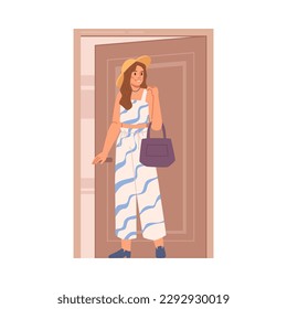 Female character opening or closing doors behind, entering or exiting room or building. Woman walking inside or outside. Vector lady coming out in flat cartoon illustration