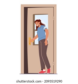 Puerta de apertura de personaje femenino saliendo o entrando a la casa, la chica se pone en la puerta abierta aislada de fondo blanco. Invitación, Entrada a la Casa Apartamento o Oficina. Ilustración de vectores de personas de caricatura