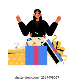 Female Character Opening Gifts In Flat Vector Illustration Symbolizing Celebration, Surprise, And Festivity, Isolated On White Background.