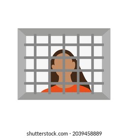 Female character in an orange robe outside a barred window on a white background