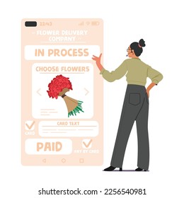 Female Character Order Flowers in Internet. Woman Stand at Huge Smartphone Use Online Application for Buying Bouquet in Flower Company. Mobile App for Shipping. Cartoon People Vector Illustration