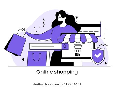 Productos para pedido de personajes femeninos de tienda online, concepto de ilustración plana de compras en línea, comercio electrónico, oferta especial, tienda de ropa en línea