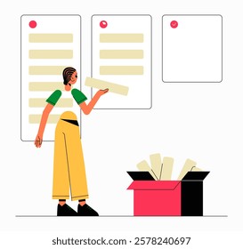 Female Character Organizing Notes In Flat Vector Illustration Symbolizing Task Management, Organization, And Productivity, Isolated On White Background